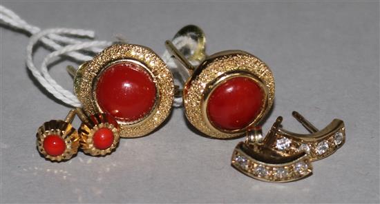 A pair of 18ct gold and coral earstuds and two ther pairs of earrings.